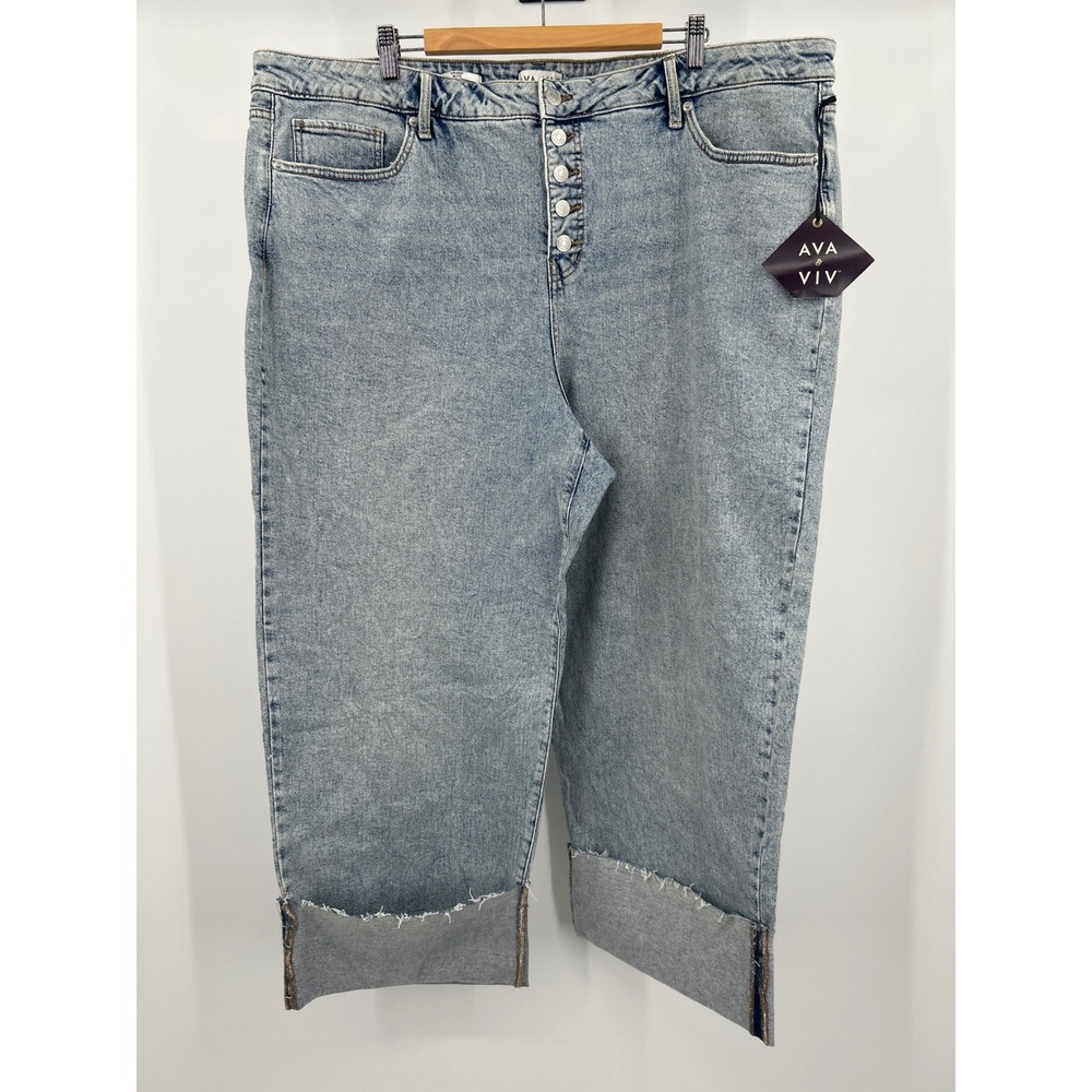 Ava & Viv Womens 24 High-Rise Straight Leg Button Fly Cropped Jeans Medium Wash